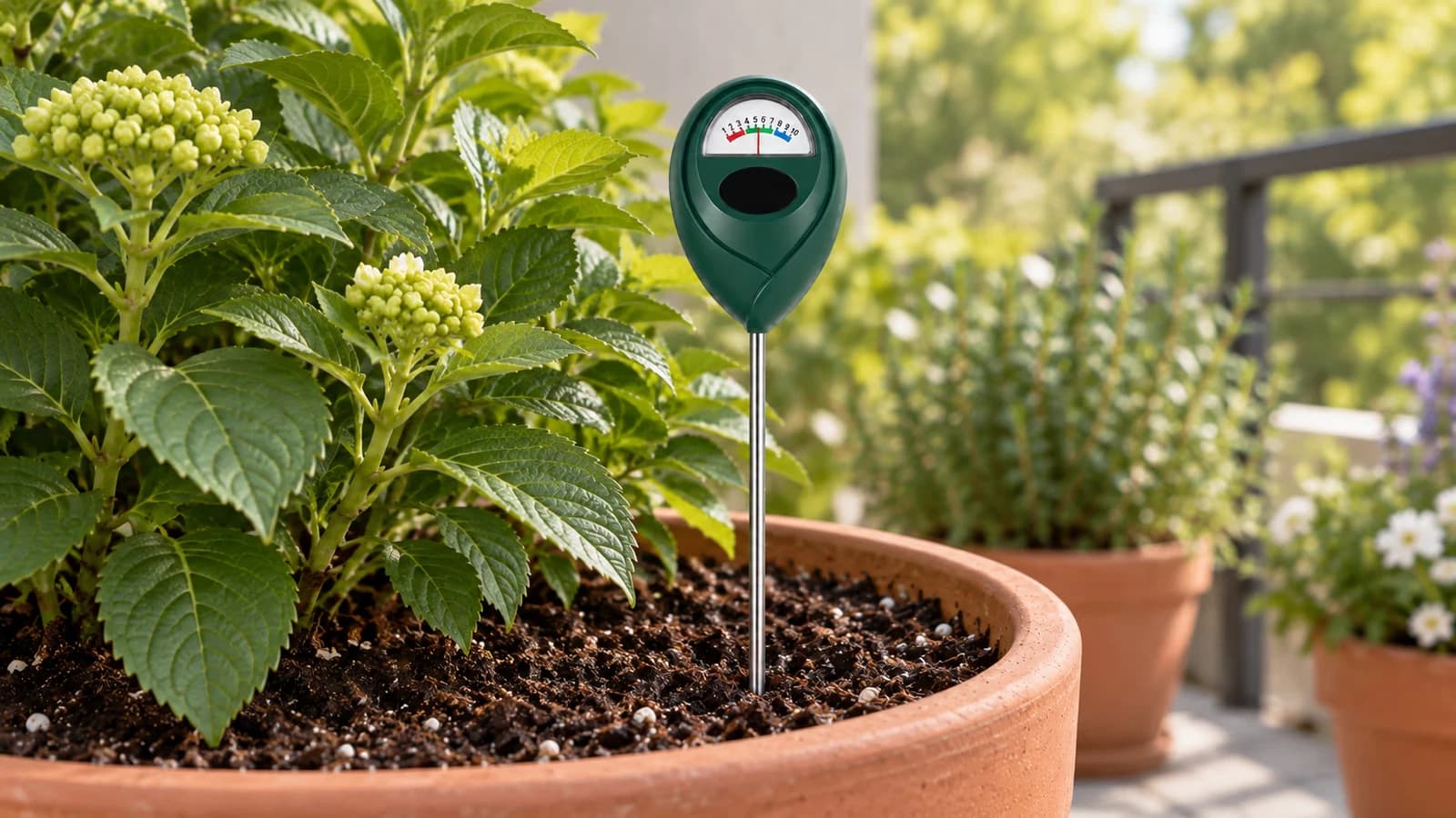 Humidimètre vert à tige planté droit dans le terreau d'un pot de plante verte, cadran à aiguille orienté vers la lumière du jour