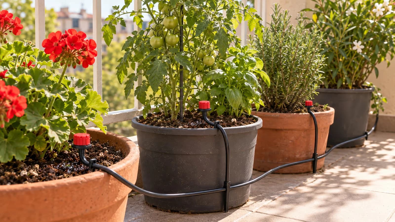 Tuyau noir souple longeant un garde-corps entre des jardinières, goutteurs sur piquets plantés dans le terreau