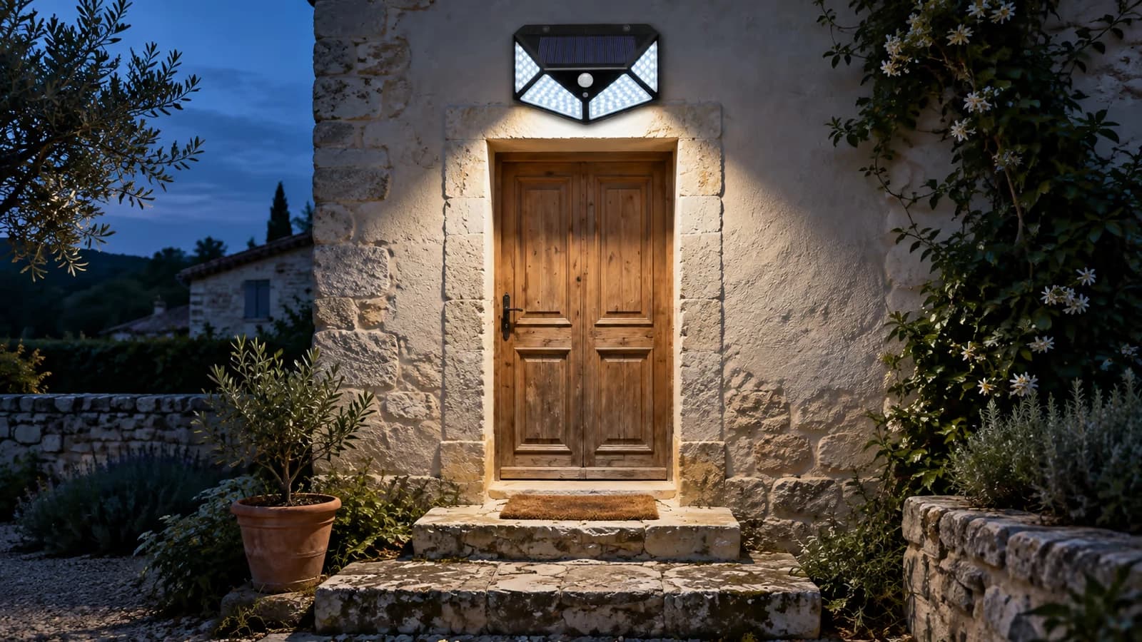 Applique solaire noire au-dessus d'une porte de service, allumée à la tombée du jour, faisceau posé sur les premières marches