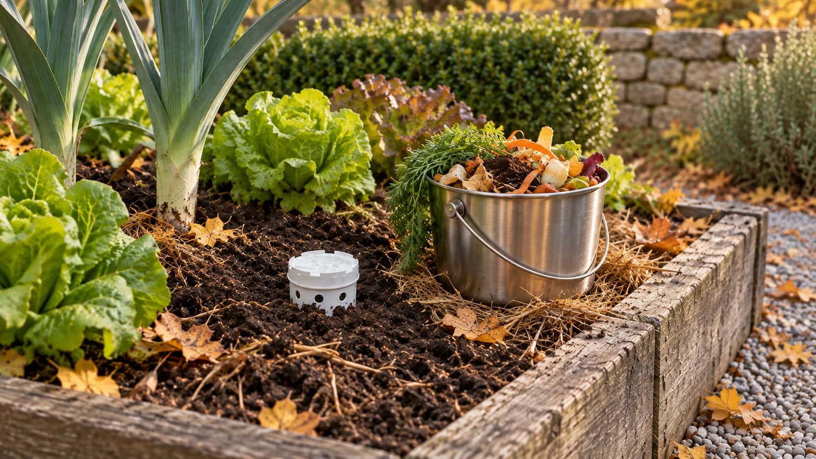 Bac à compost enterré au pied d'une planche, couvercle blanc affleurant la terre, seau de cuisine posé à côté sur un sol paillé