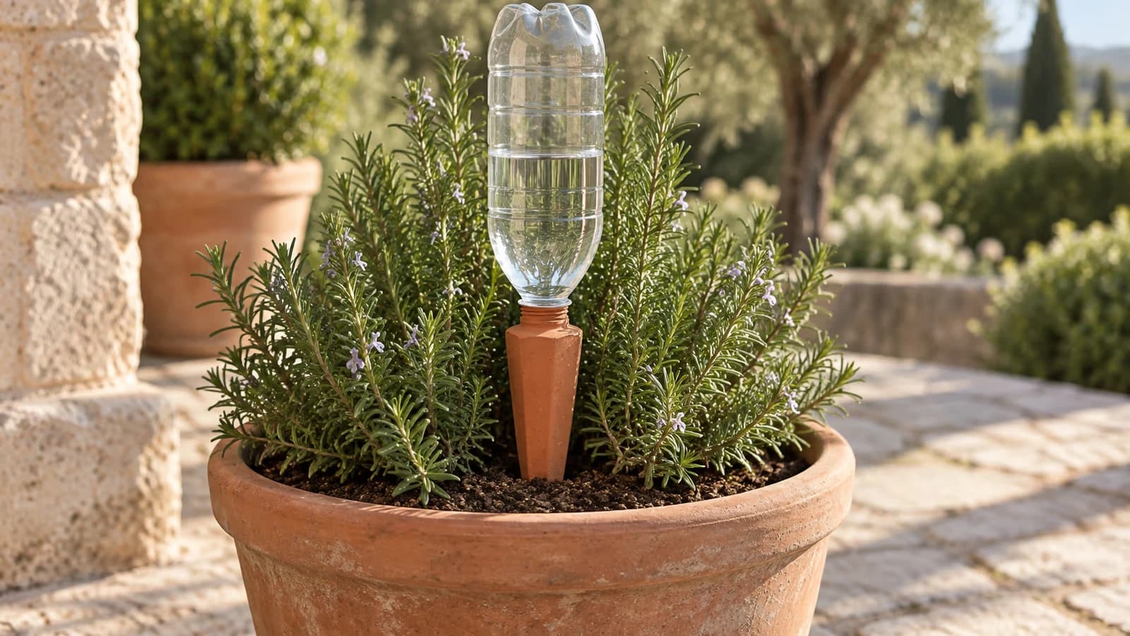 Pique en terre cuite fichée dans un pot de romarin, bouteille en plastique transparente vissée dessus, niveau d'eau visible à mi-hauteur