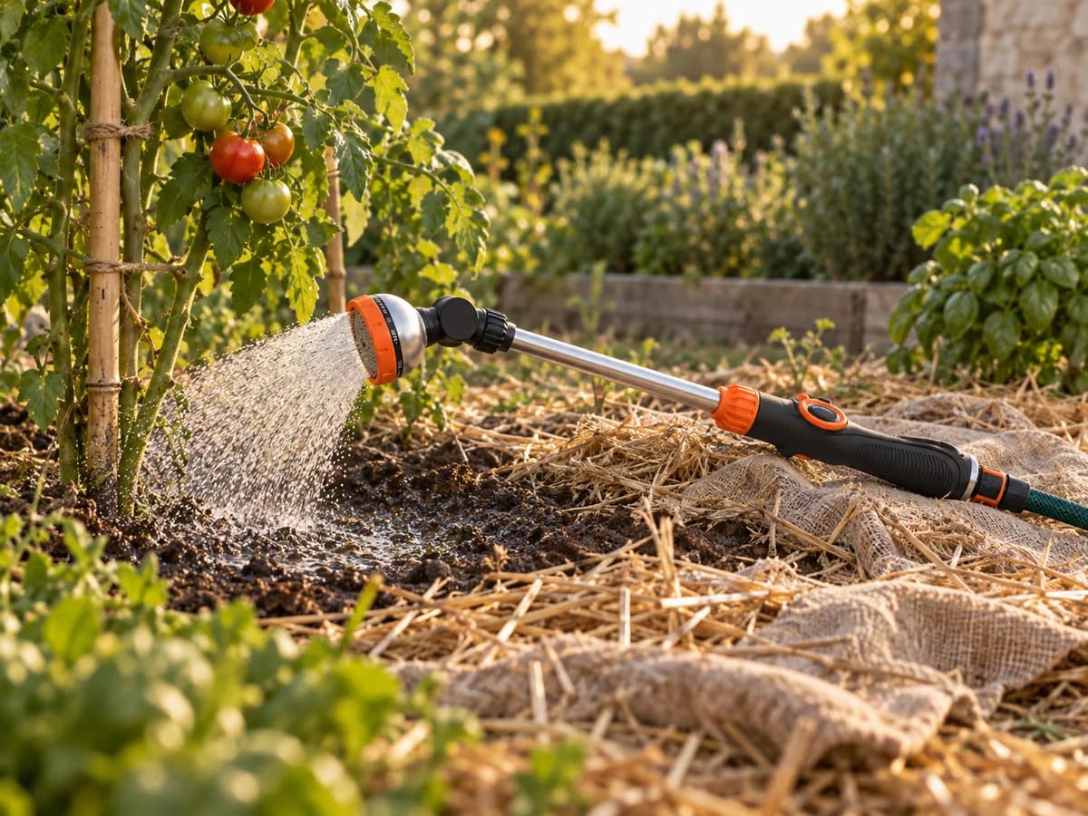 Pistolet d'arrosage posé sur le paillage au pied d'un plant de tomate tuteuré, jet en cône dirigé vers la terre
