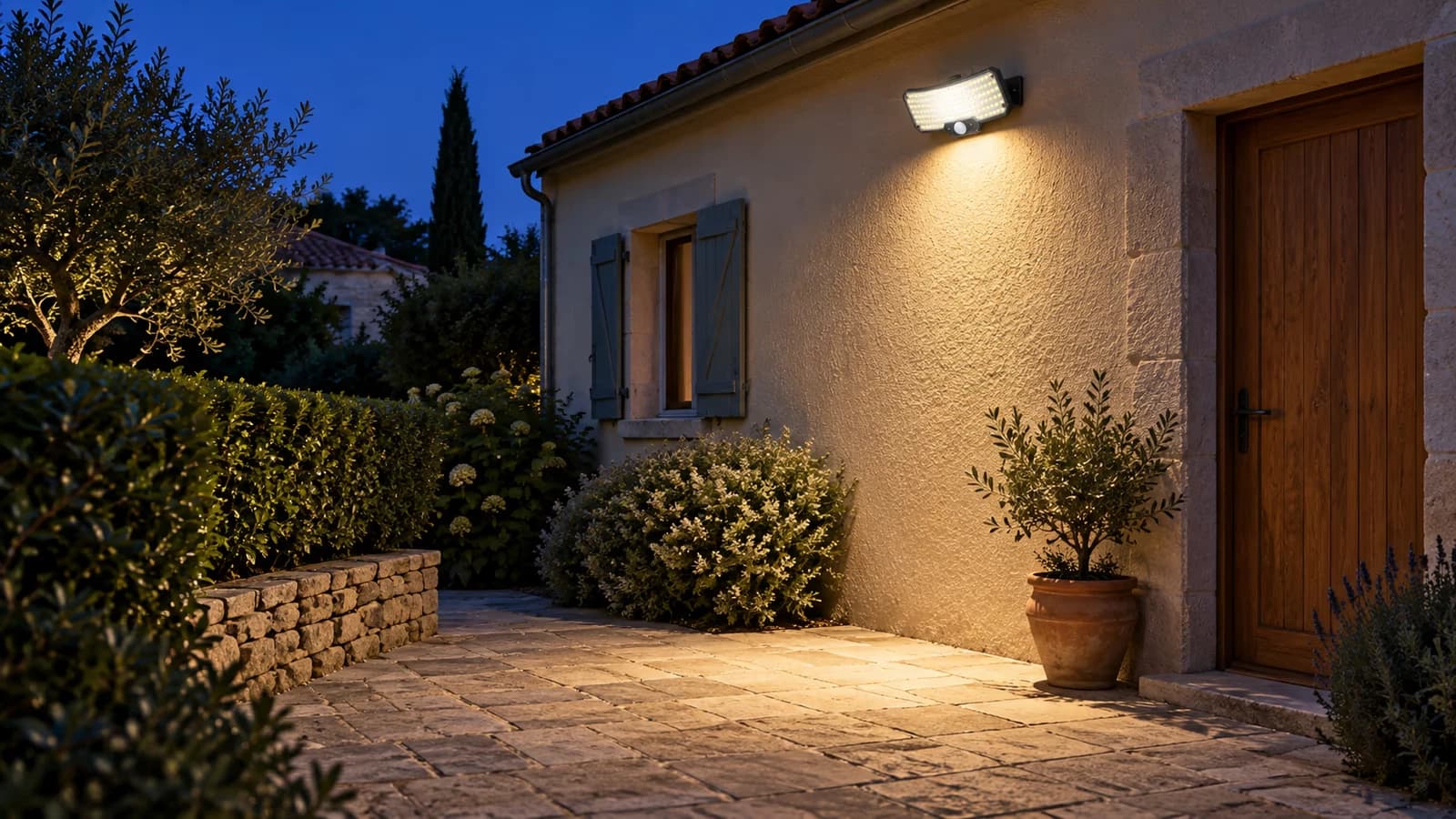 Projecteur solaire noir fixé en haut d'un mur de cour, faisceau descendant sur une allée pavée au crépuscule