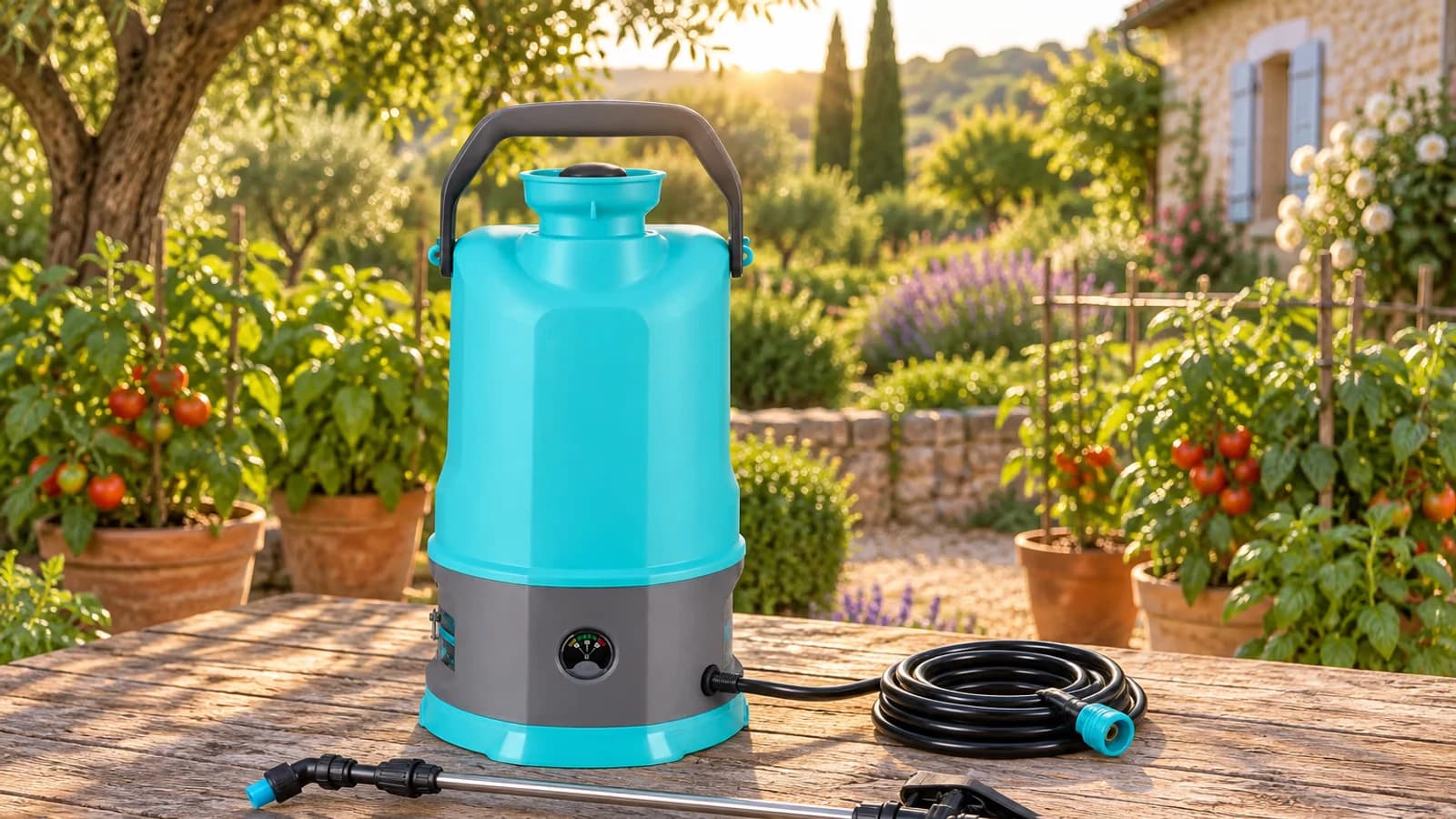 Pulvérisateur électrique à dos bleu foncé posé sur une table de jardin en bois, lance et buse réglable à côté, plants de tomates en pot en arrière-plan