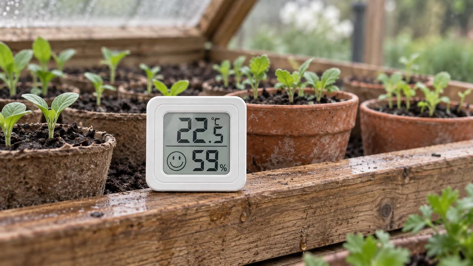 Petit boîtier blanc carré à écran LCD posé sur une tablette de semis en bois, godets de terreau alignés derrière dans la lumière d'un châssis