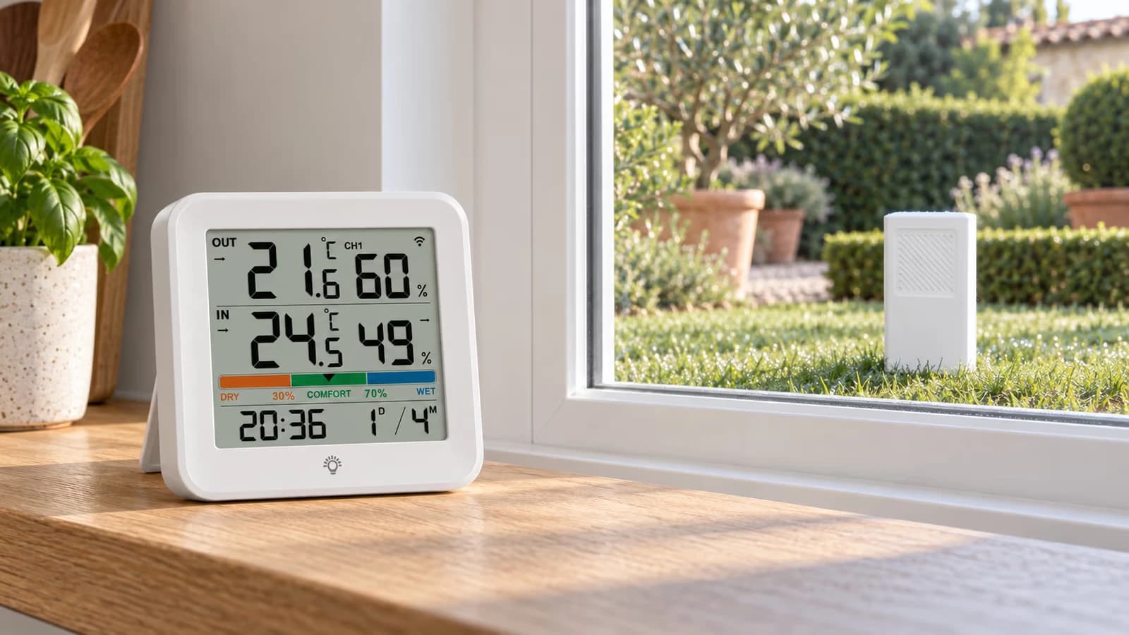 Écran d'un thermomètre hygromètre sur une étagère de cuisine, sonde blanche dehors derrière la fenêtre