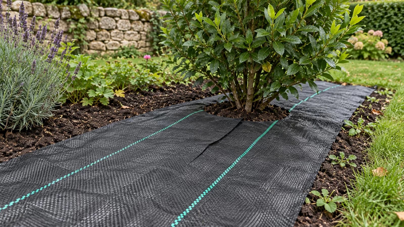 Toile de paillage tissée noire fendue depuis son bord et rabattue autour du pied d'un arbuste en place dans un massif