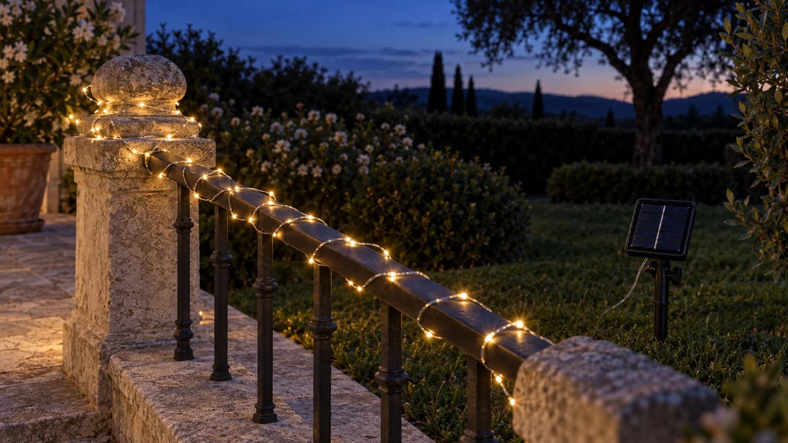 Guirlande solaire à fil fin allumée en petits points blanc chaud le long d'une rambarde de terrasse à la nuit tombée, panneau sur piquet planté dans l'herbe