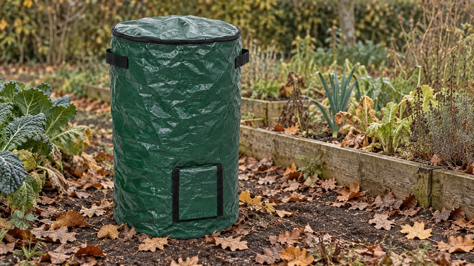 Composteur souple vert foncé posé au coin d'un potager à l'automne, feuilles mortes au sol autour du contenant