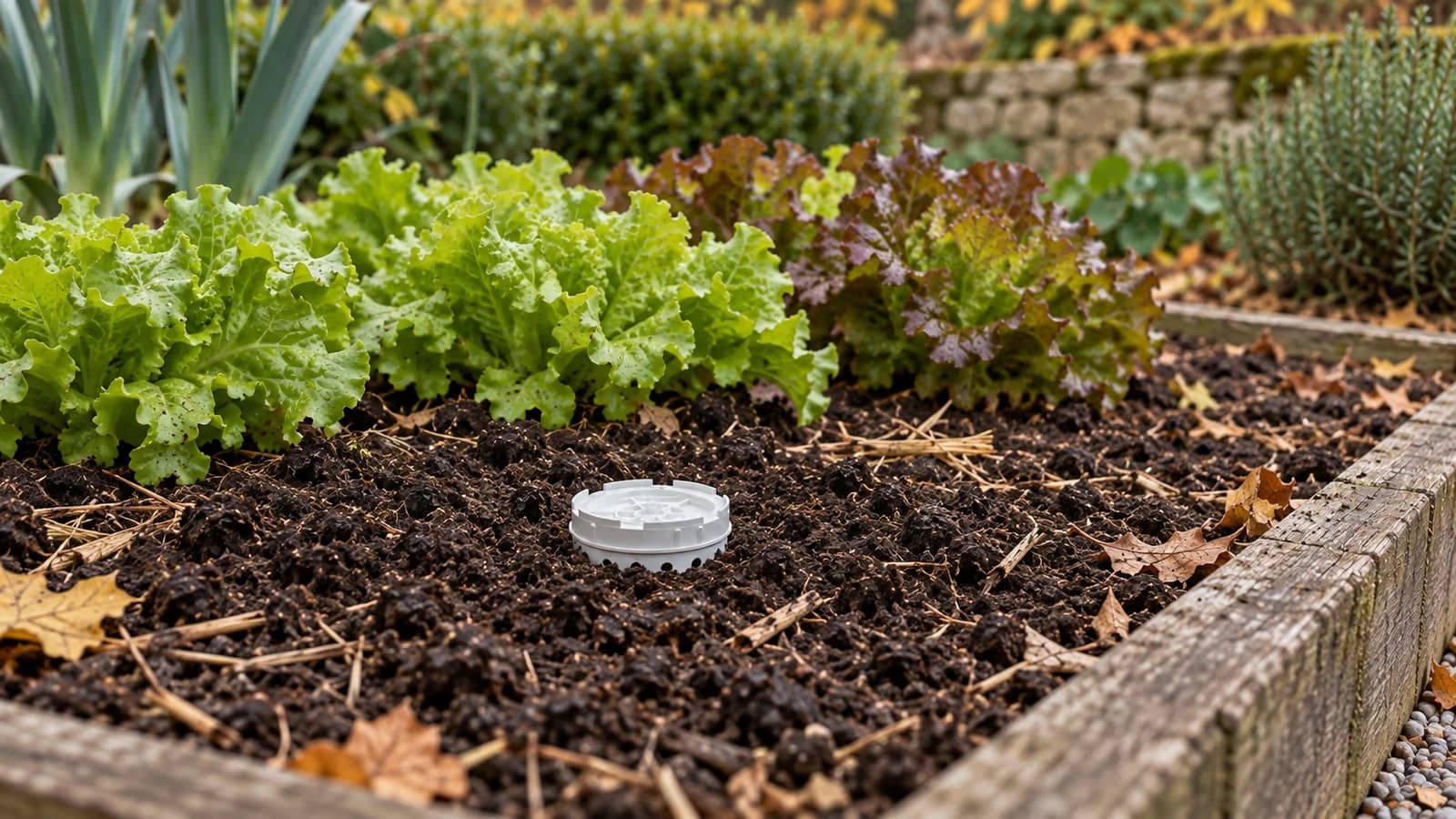 Bac à compost enterré au pied d'une planche de salades, seul le couvercle blanc affleure une terre fraîchement binée