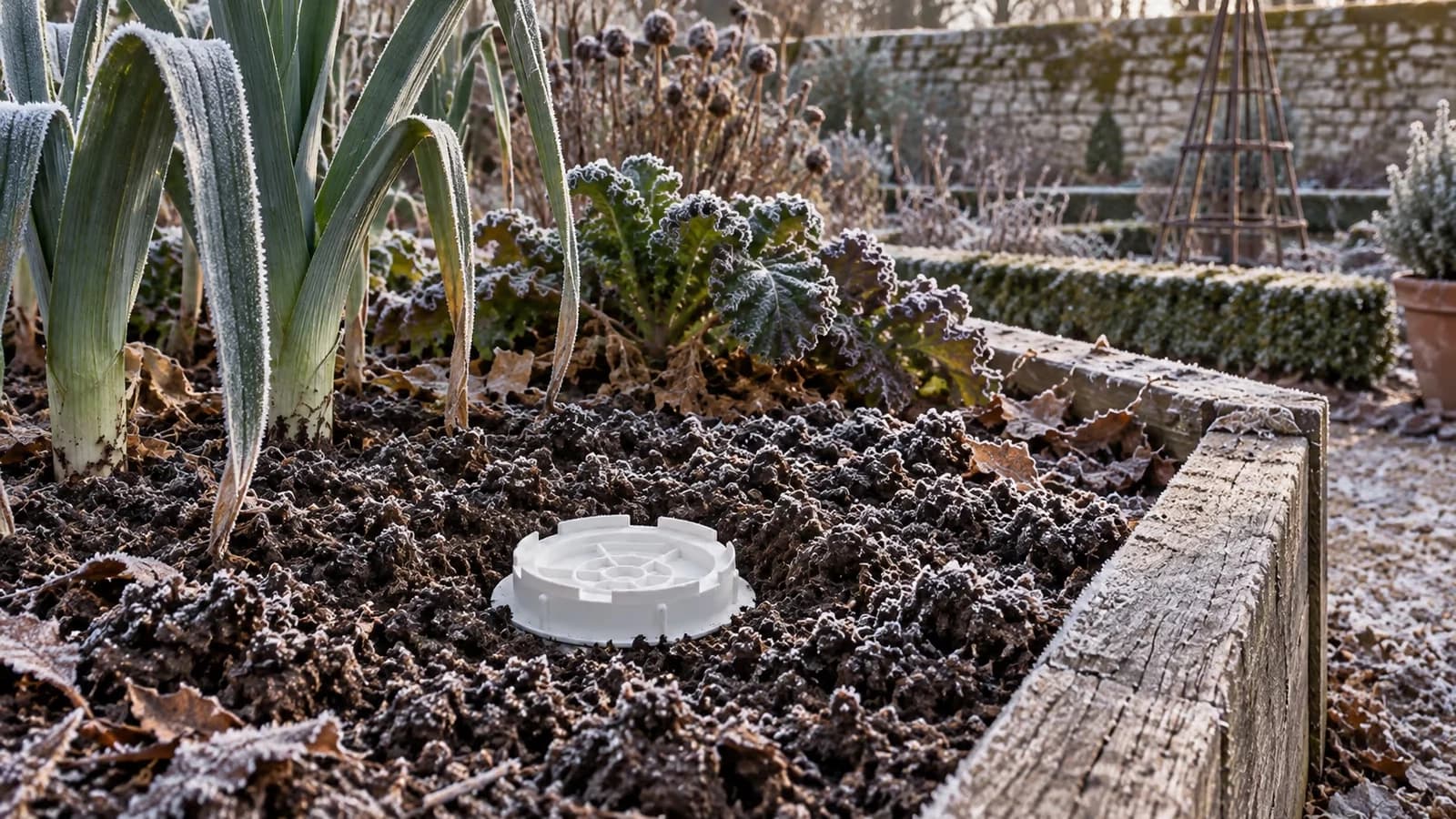Bac à compost enterré au pied d'une planche de culture, collerette et couvercle blancs affleurant une terre prise par la gelée, mottes soulevées autour