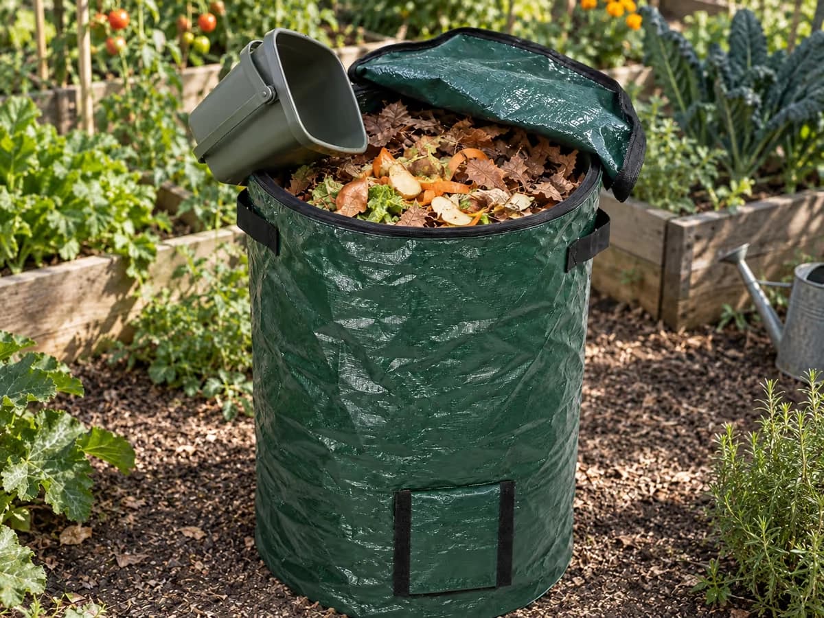 Composteur souple vert foncé au potager, seau de cuisine vidé dans le haut du contenant