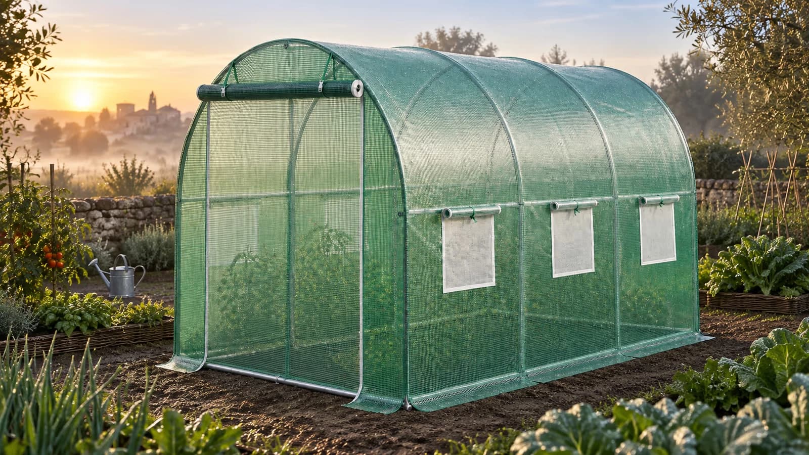 Serre tunnel verte de jardin au lever du jour, buée sur la bâche et fenêtre latérale enroulée ouverte