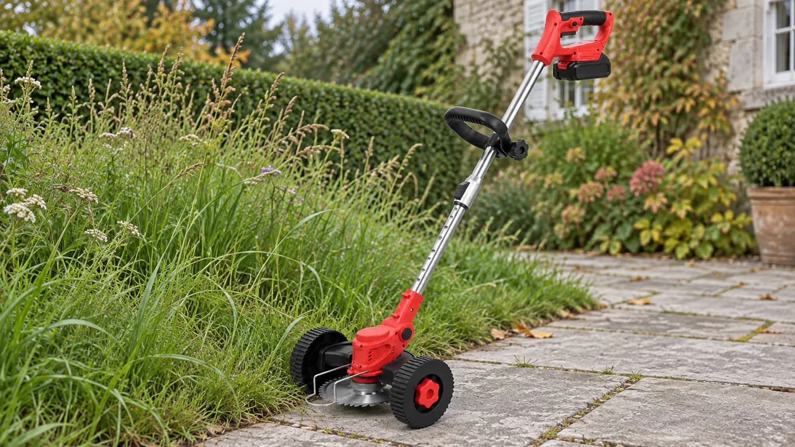 Coupe bordure compact posé sur une allée de jardin, tête de coupe immobile devant une bordure d'herbe haute