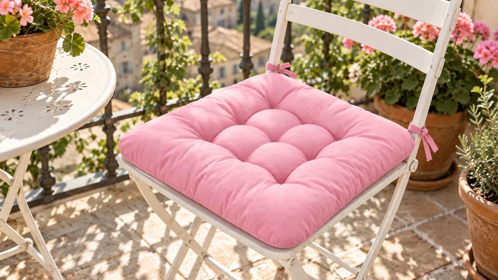 Coussin d'assise carré rose capitonné sur une chaise de balcon blanche, liens noués au montant du dossier, terrasse en pierre au matin