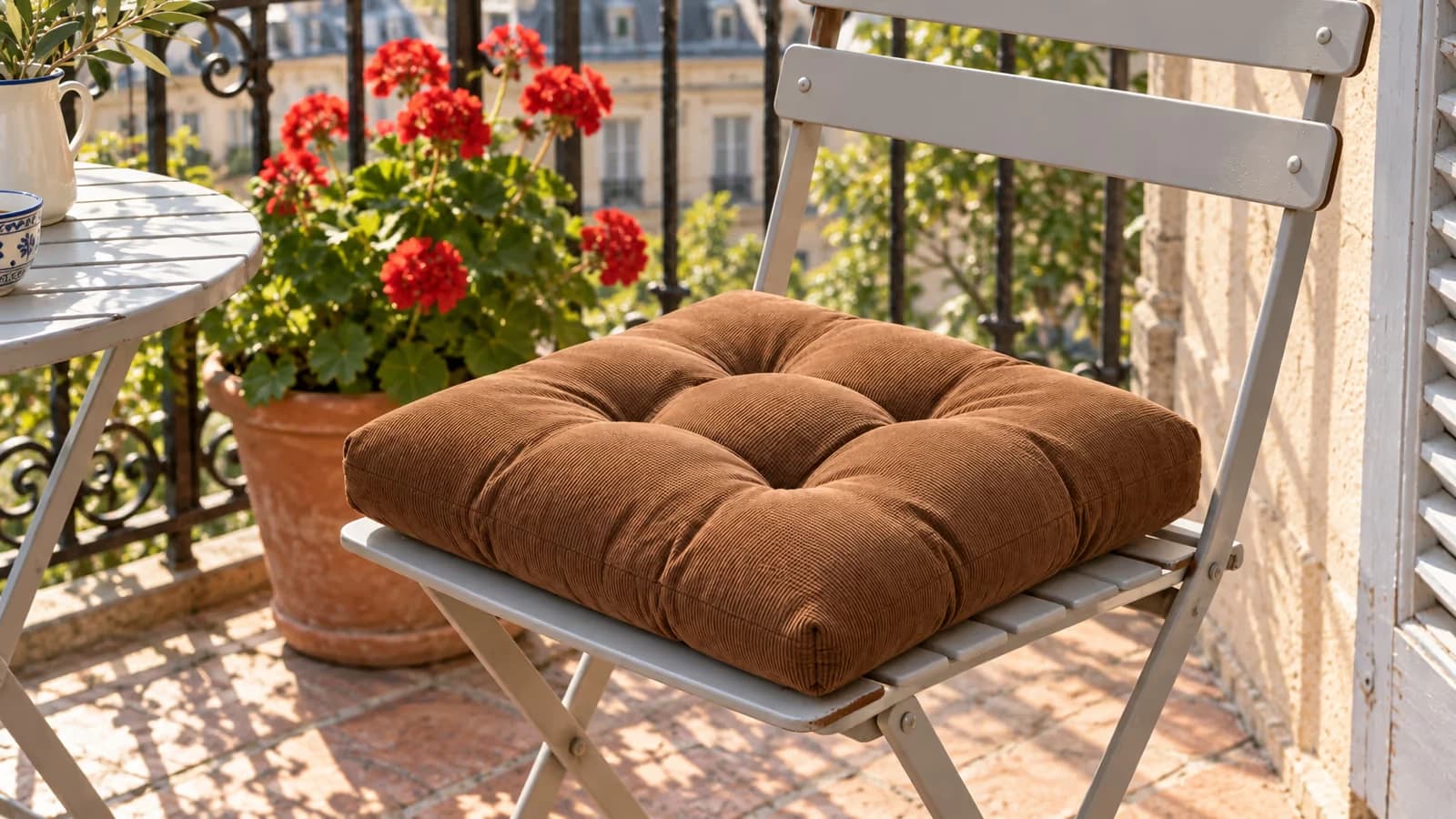 Coussin d'assise carré marron capitonné posé sur une chaise de balcon en métal clair, garde-corps et pot de géranium en arrière-plan, lumière du matin