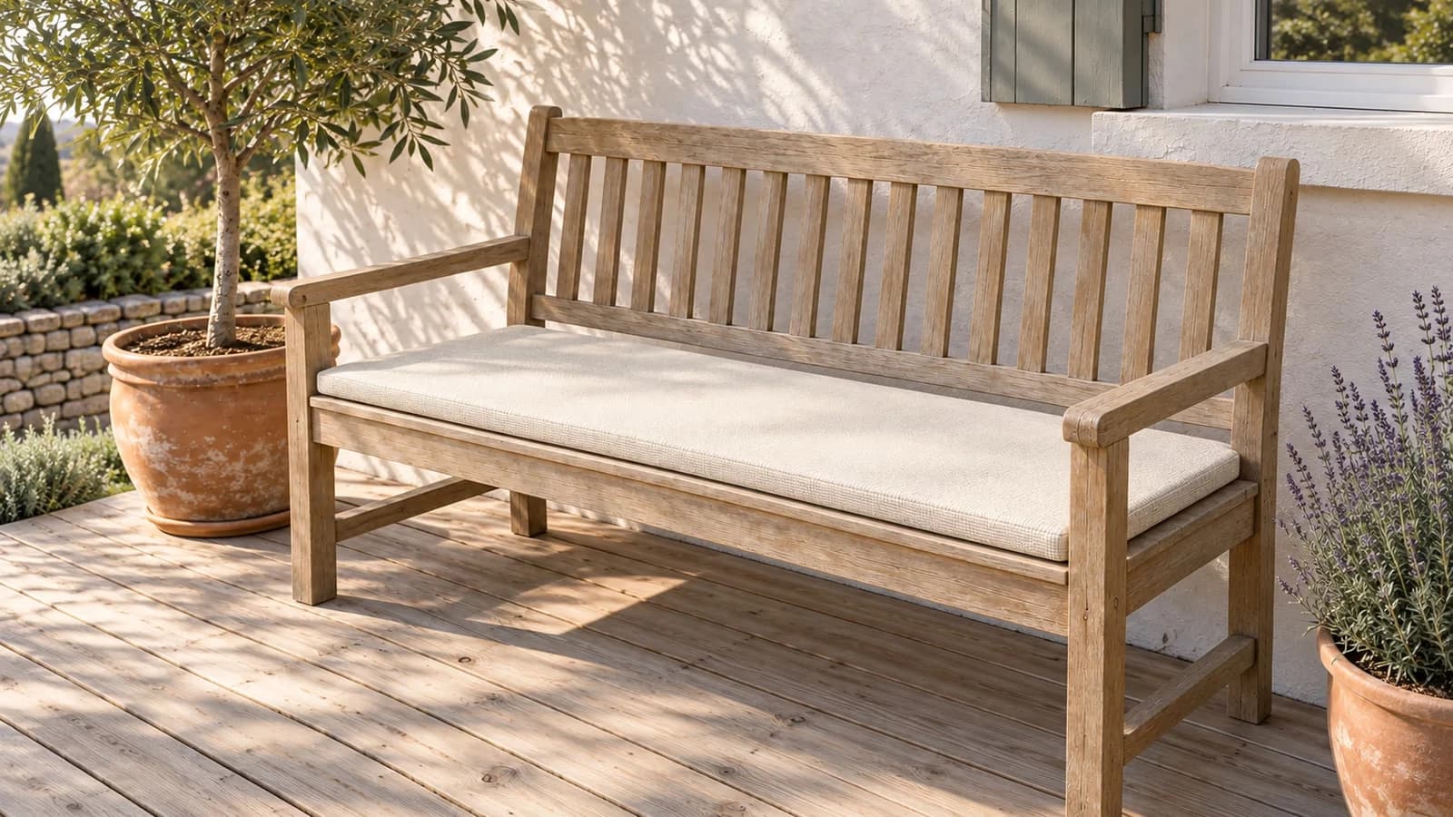 Galette d'assise blanc cassé posée sur toute la longueur d'un banc de jardin en bois, terrasse ombragée en fin de matinée