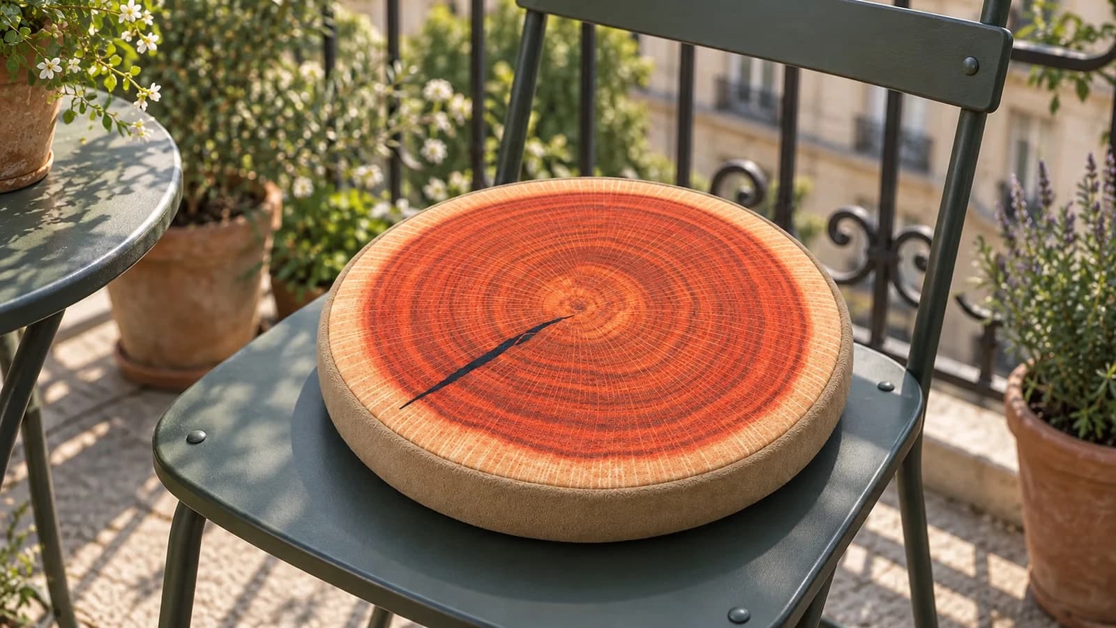 Galette ronde à motif tranche de bois posée au centre d'une chaise de balcon, lumière matinale, garde-corps flou derrière