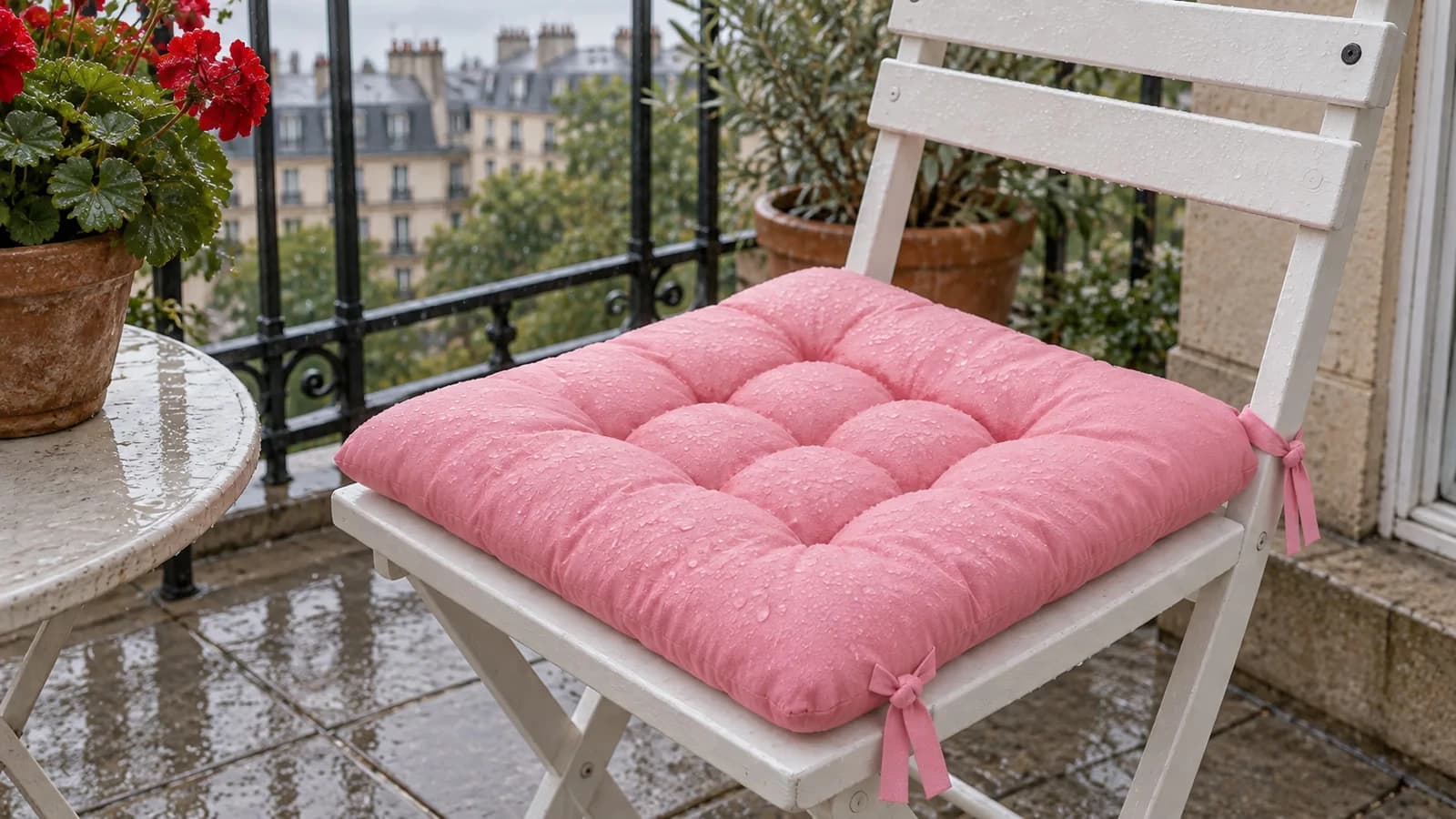 Coussin d'assise rose détrempé par une averse sur une chaise de balcon, capitonnage couvert de gouttes, ciel gris