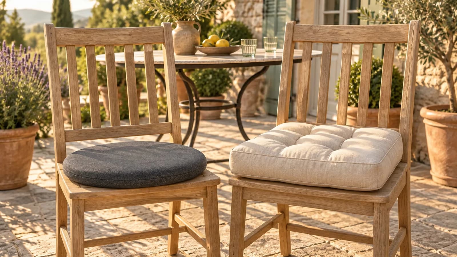 Deux coussins d'assise posés côte à côte sur des chaises de jardin en bois, une galette ronde grise et une galette carrée épaisse, lumière de fin d'après-midi