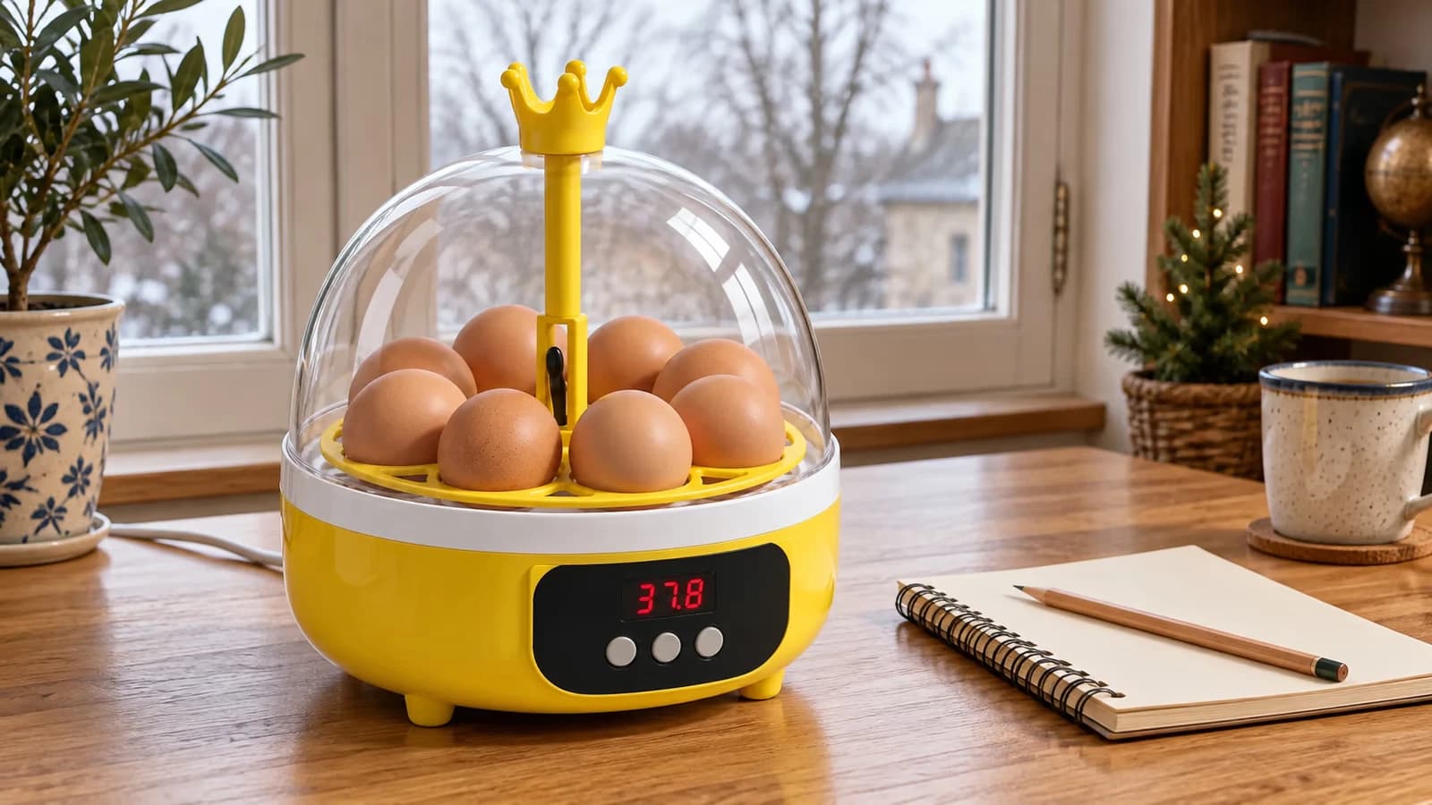 Couveuse compacte au dôme transparent posée sur un bureau, huit oeufs sur le plateau, lumière grise de décembre derrière la fenêtre