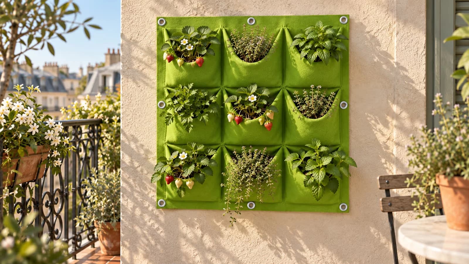 Panneau mural en feutre à neuf pochettes garni d'aromatiques et de fraisiers sur le mur d'un balcon au soleil du matin