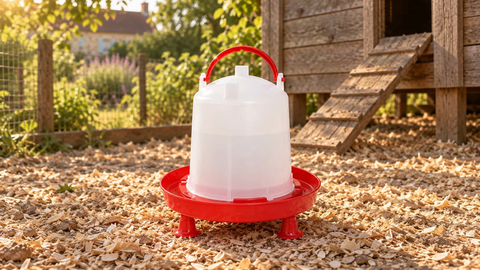 Abreuvoir à gravité de 3 L monté sur ses trois pieds dans un poulailler de jardin en fin d'été, réservoir blanc et coupelle rouge