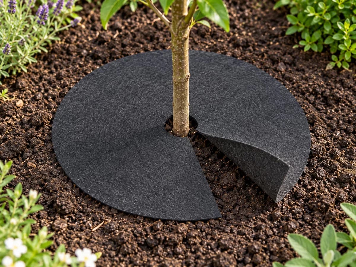 Disque de paillage noir fendu posé autour du pied d'un jeune arbre sur sol nu