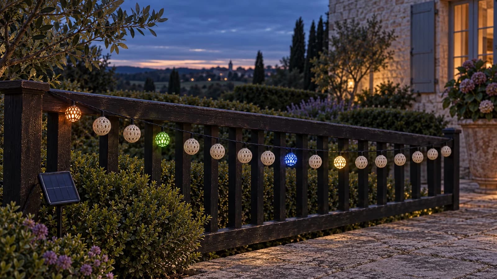 Guirlande solaire à boules marocaines allumée sur une rambarde en bois à la tombée de la nuit