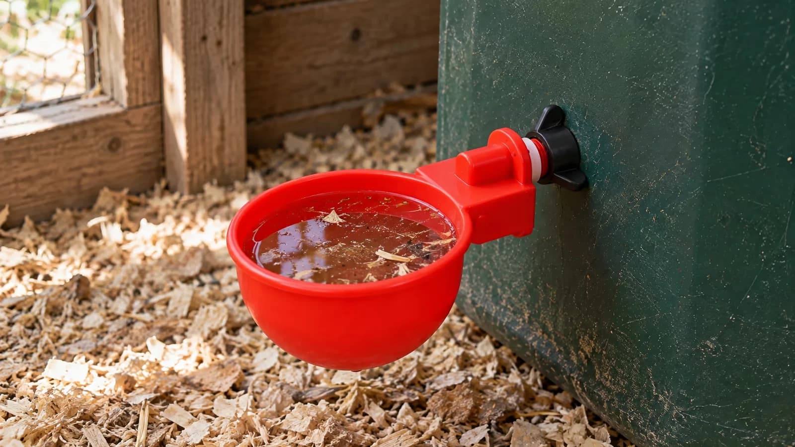 Bol abreuvoir rouge vissé sur un bidon dans un poulailler, surface de l'eau chargée de débris de litière, copeaux au sol