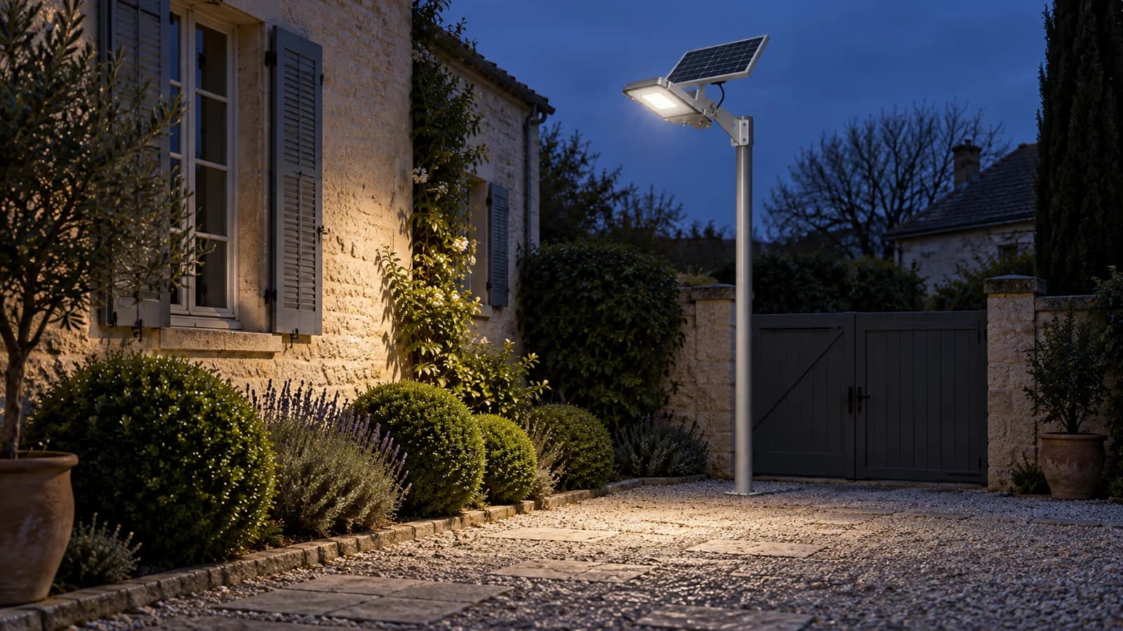 Lampadaire solaire sur mât éclairant le pavage et la façade d'une cour à la tombée du jour, portail et bordure plantée