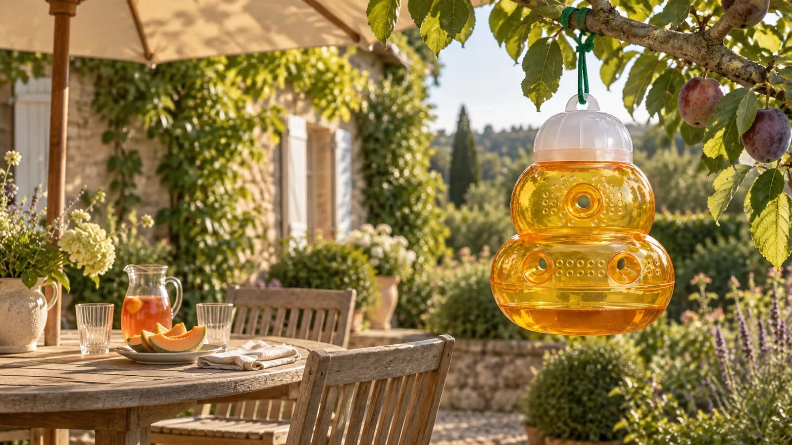 Terrasse de fin d'été avec une table dressée sous un parasol, un piège ambré en forme de ruche suspendu à une branche en lisière