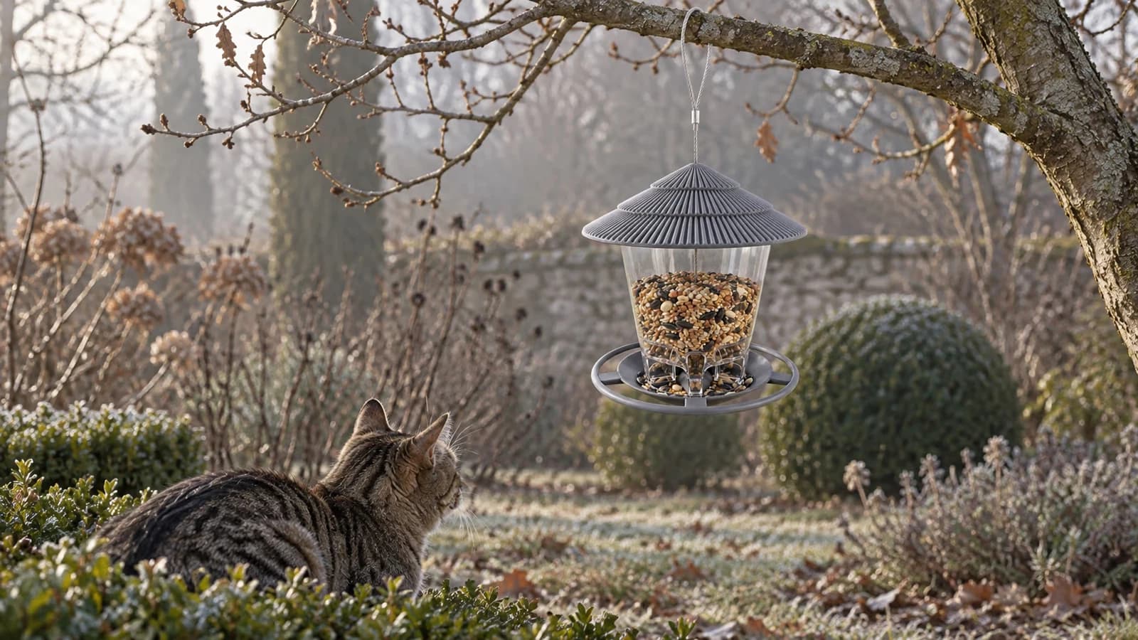 Chat tapis au sol derrière un buisson bas, regard fixé sur une mangeoire suspendue garnie de graines dans un jardin d'hiver