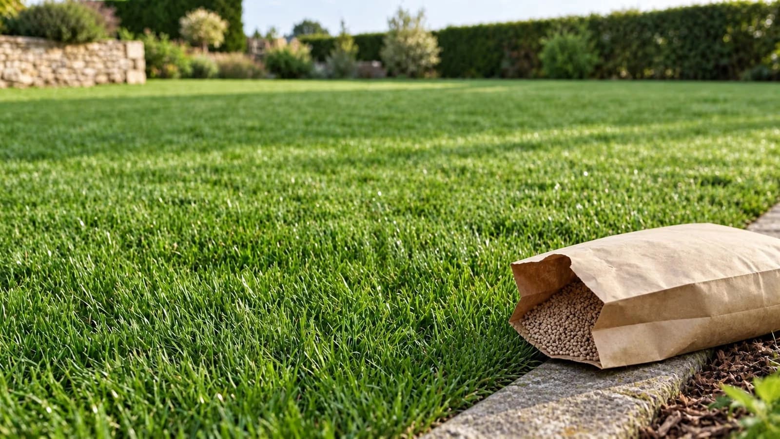 Pelouse française dense et verte au printemps avec sac d'engrais gazon ouvert posé sur la bordure