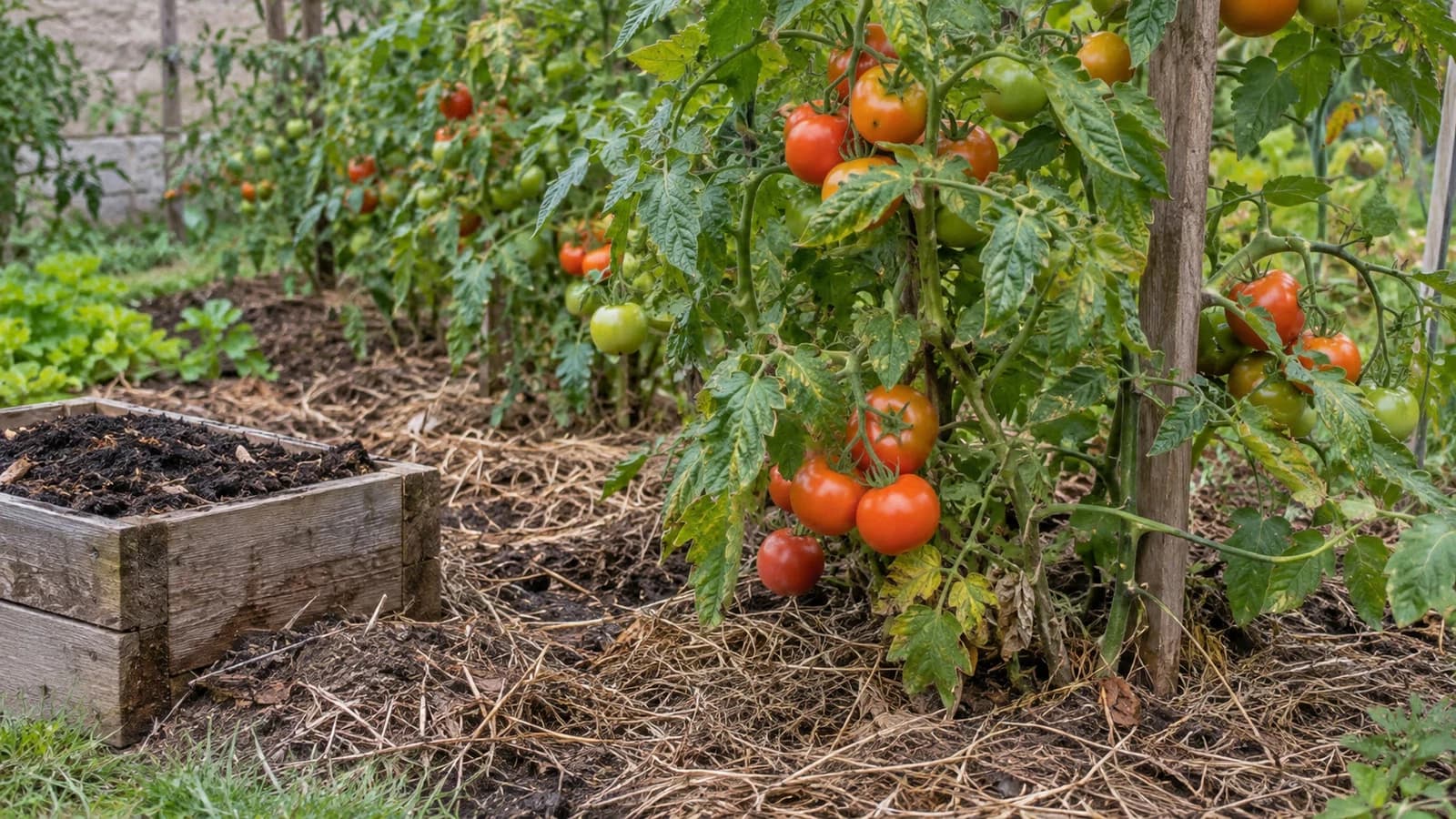Plant de tomate en pleine fructification fertilisé naturellement avec compost et paillage organique