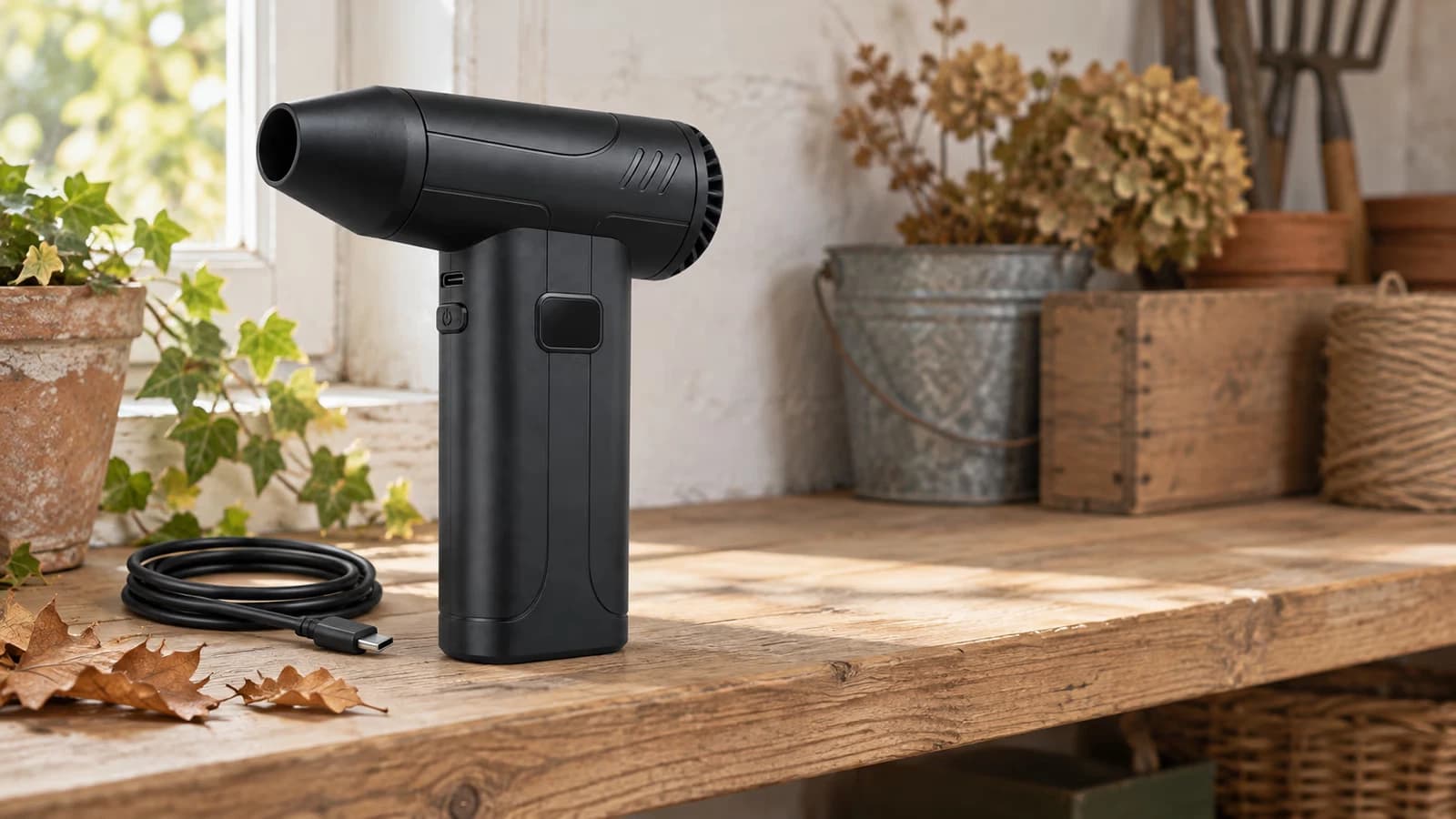 Mini souffleur de feuilles noir posé sur une tablette de bois clair, câble USB-C enroulé à côté de la buse