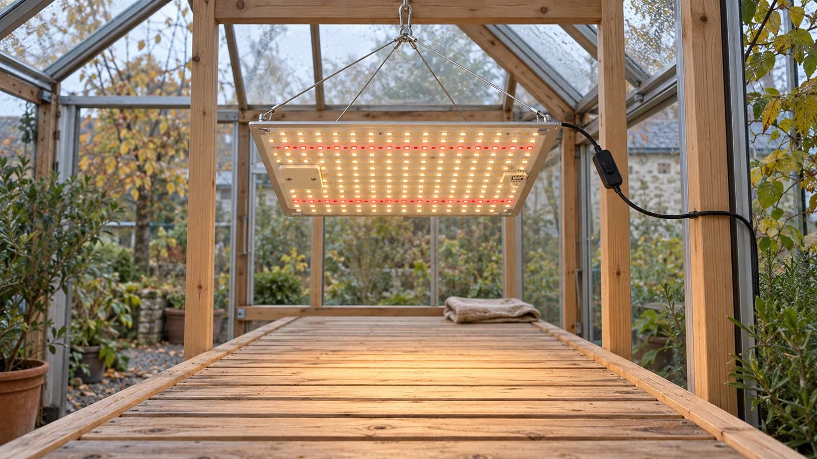 Panneau led horticole suspendu par quatre câbles au-dessus d'une table de semis vide dans une serre