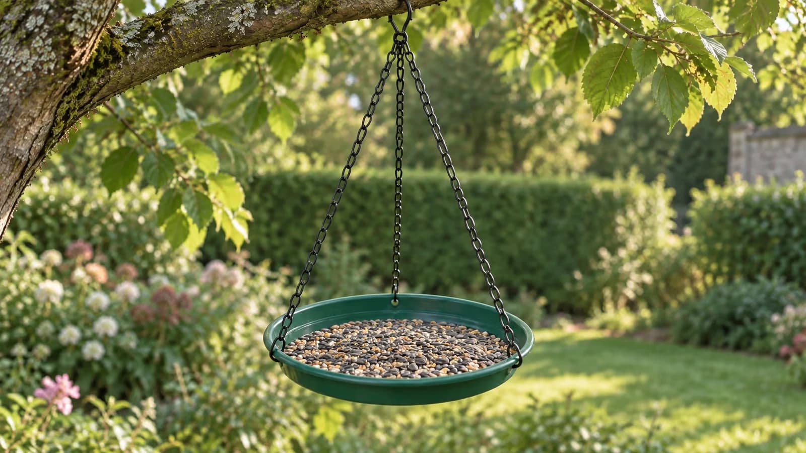 Plateau de mangeoire vert de 22 cm suspendu à trois chaînes à une branche, bordé de graines, par une lumière douce de fin d'été