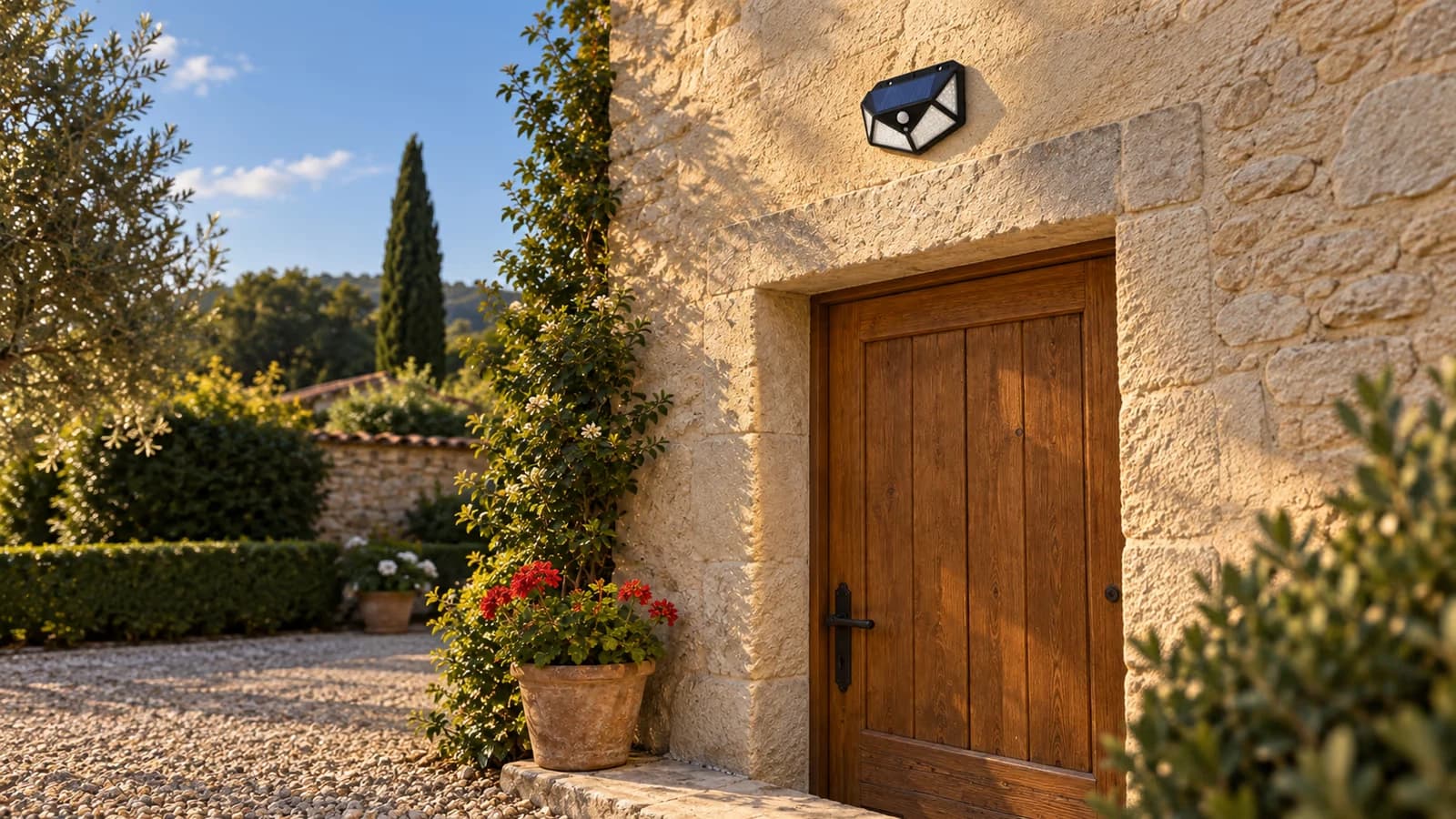 Applique solaire noire fixée au-dessus d'une porte d'entrée, vue de trois quarts sur une façade claire en fin de journée