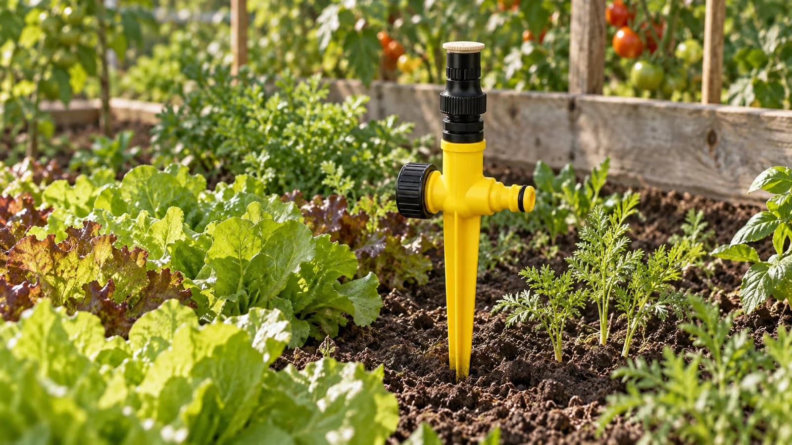 Arroseur rotatif sur piquet planté dans la terre meuble d'un carré de potager, tourelle jaune et noire au-dessus des feuilles