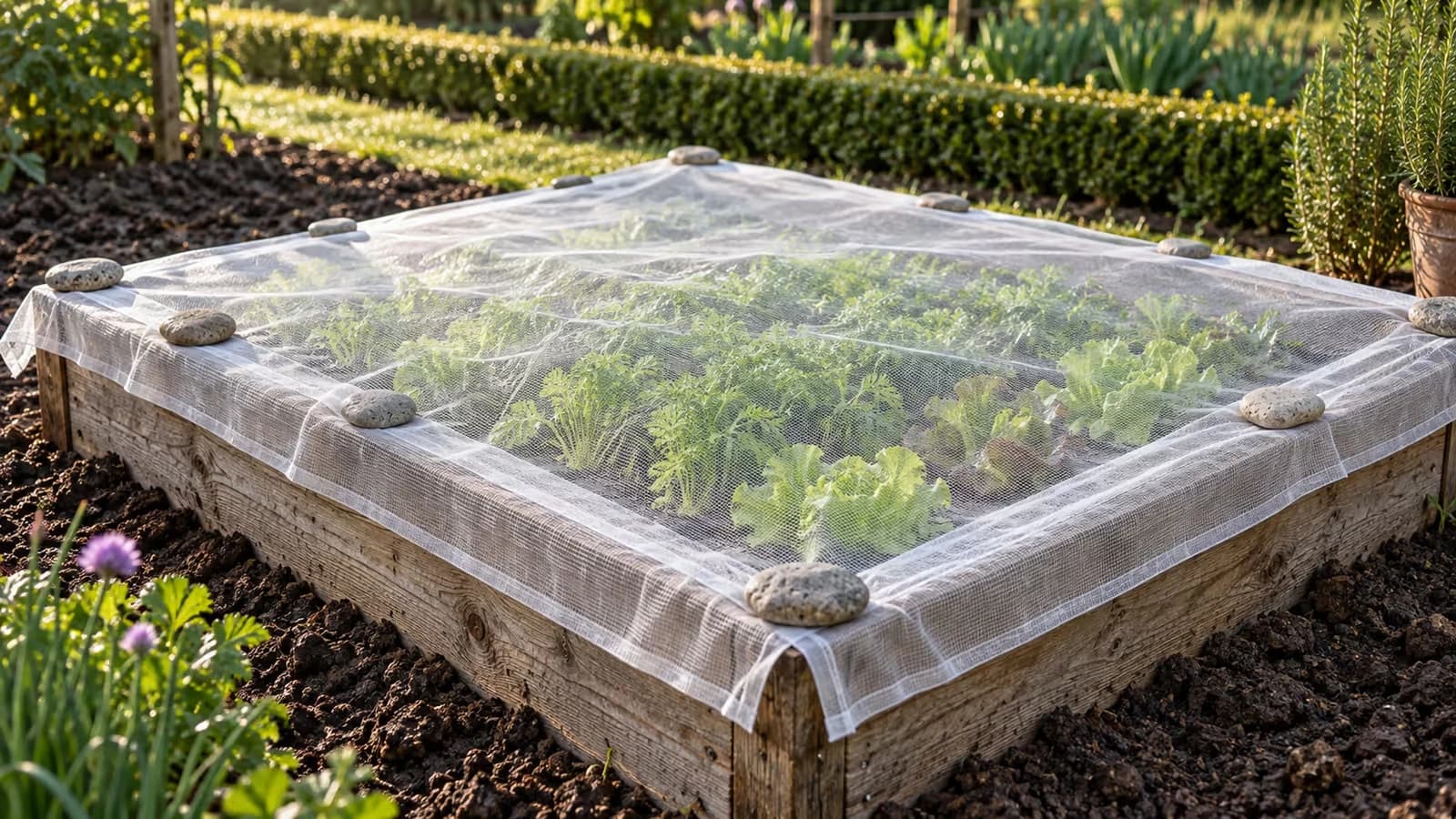 Filet blanc à maille fine déroulé sur un carré potager en bois, feuillage de carottes visible sous la toile