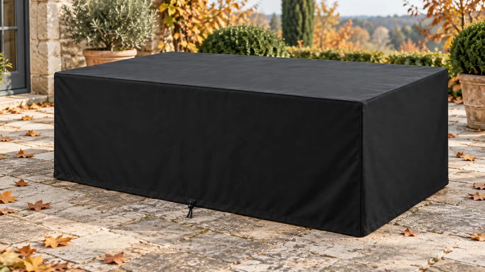 Table de jardin rectangulaire en bois couverte d'une housse noire jusqu'au sol, terrasse en pavés un matin d'octobre avec feuilles mortes