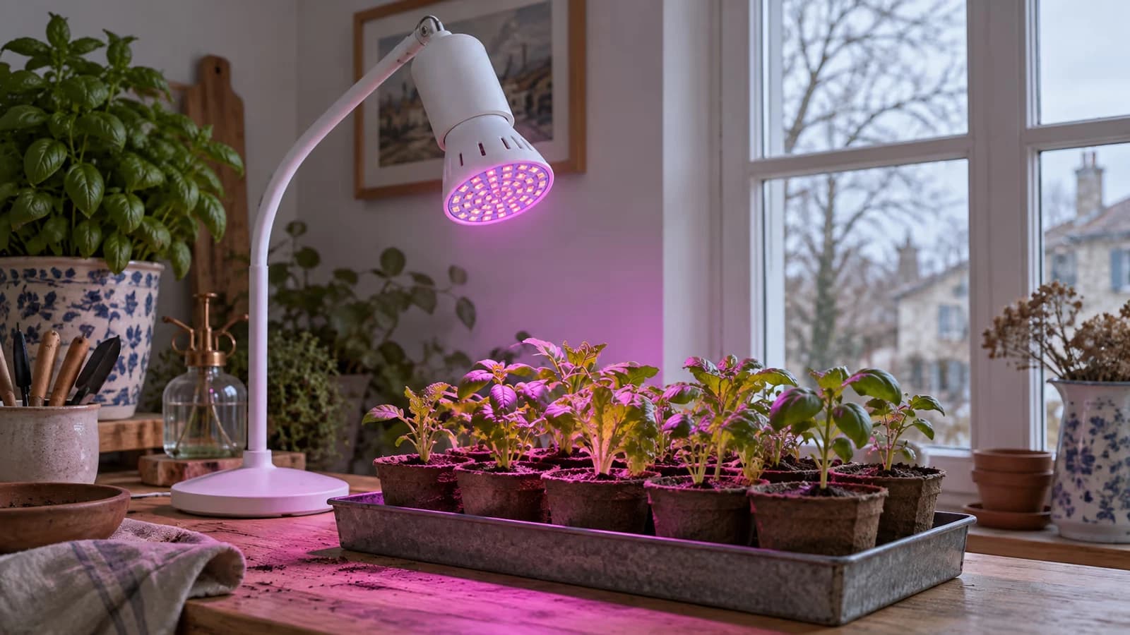 Ampoule horticole allumée dans une lampe articulée au-dessus d'un plateau de semis, en fin de journée d'hiver