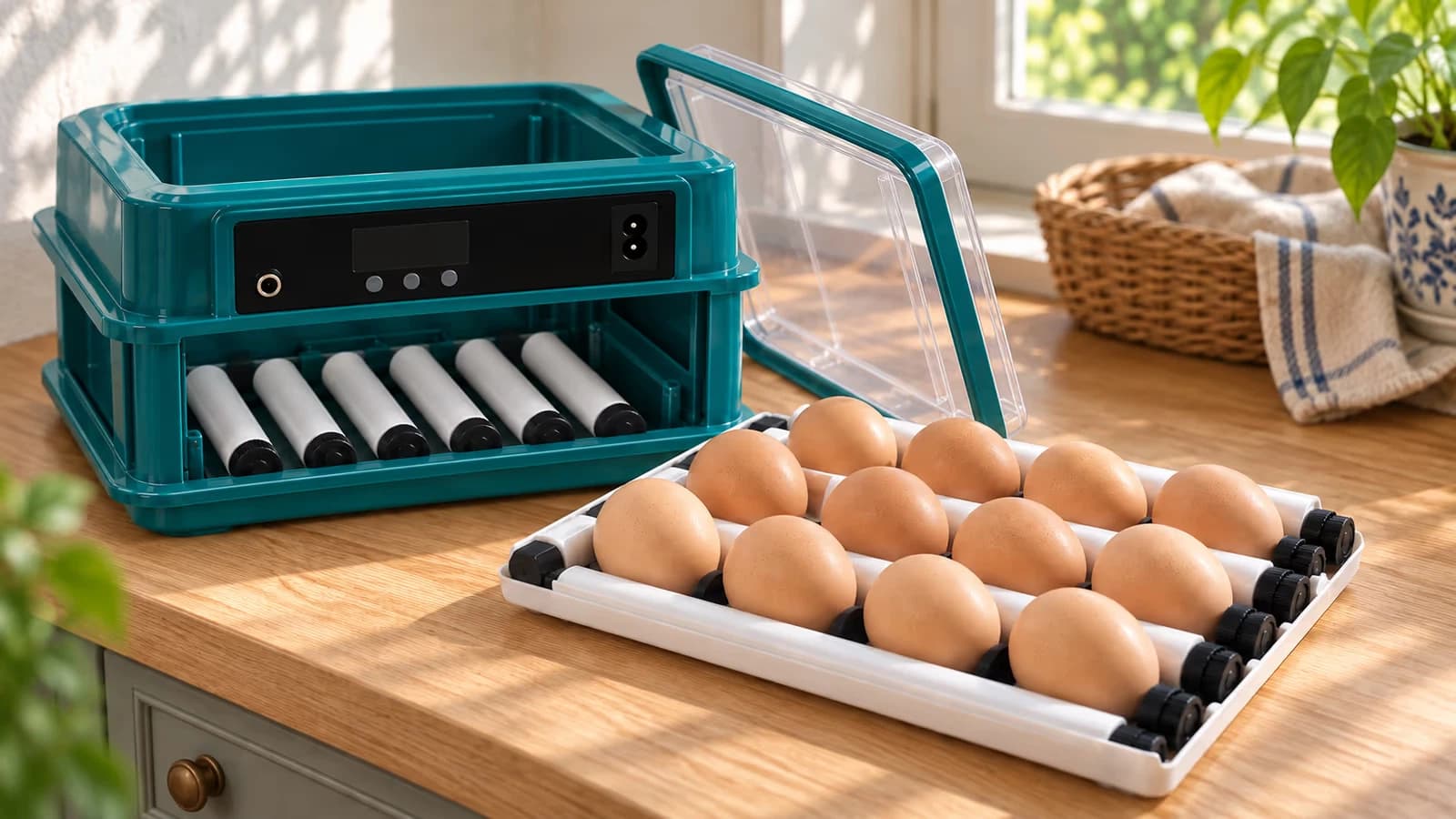 Tiroir à rouleaux d'une couveuse posé à plat sur un plan de travail, oeufs bruns entre les rouleaux blancs, capot ouvert à côté