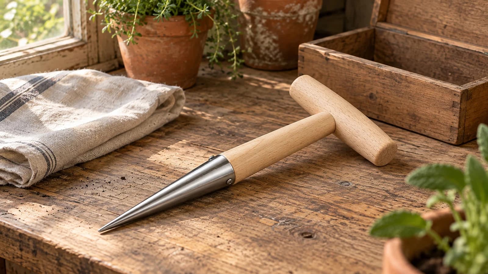 Plantoir à main à manche en bois posé à plat sur un établi, pointe en acier essuyée, chiffon propre à côté et boîte de rangement ouverte