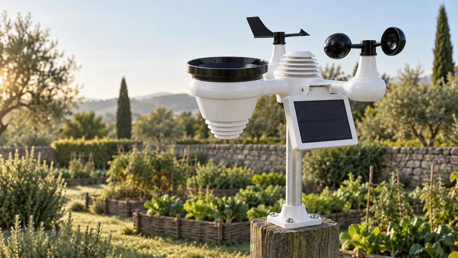 Capteur météo blanc à coupelles et girouette en tête de mât dans un jardin potager français, lumière rasante du matin, ciel dégagé