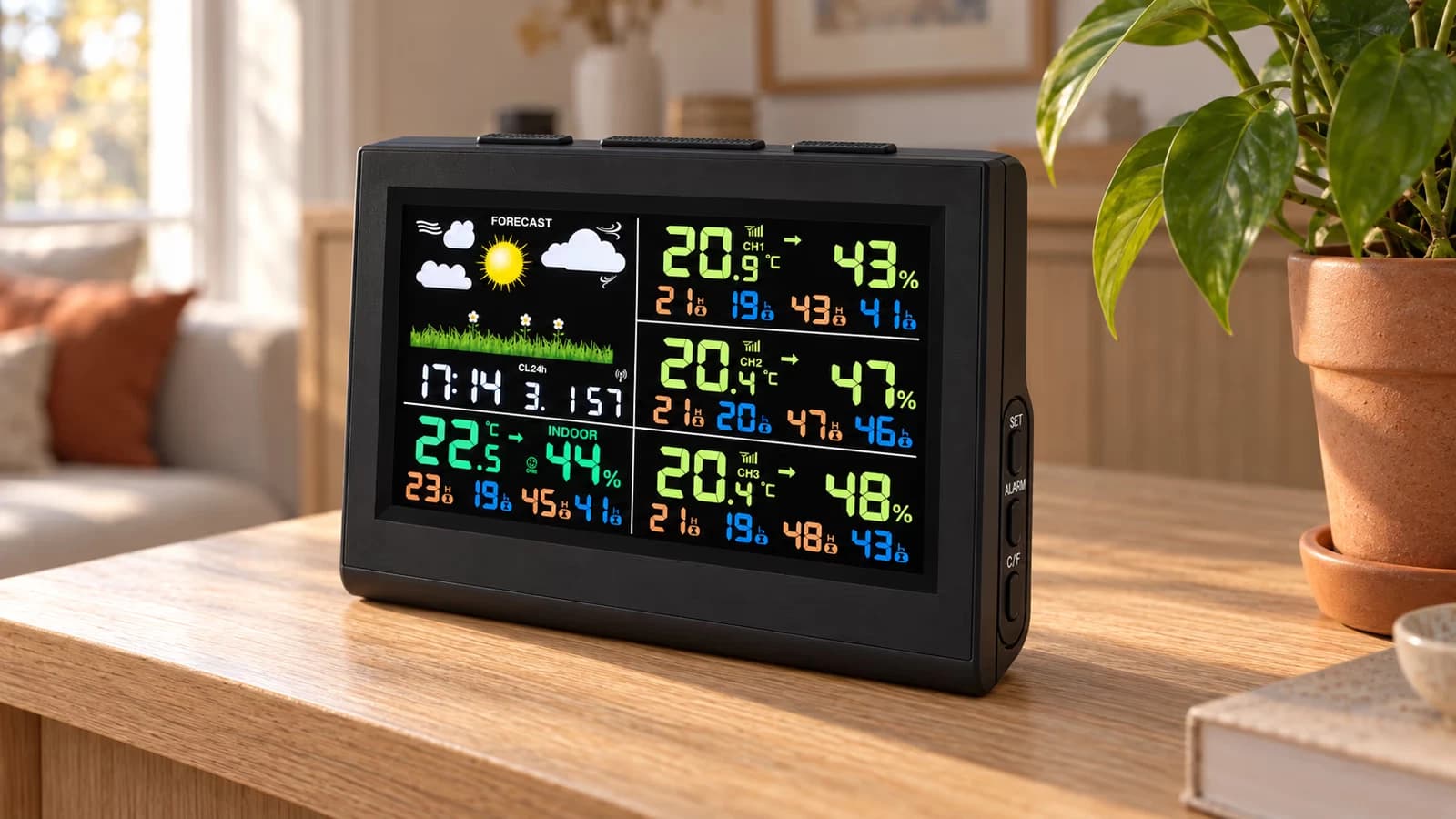 Console noire à écran couleur posée sur une étagère de bois clair, trois lignes de relevés lisibles sous un pictogramme de confort, plante verte à côté
