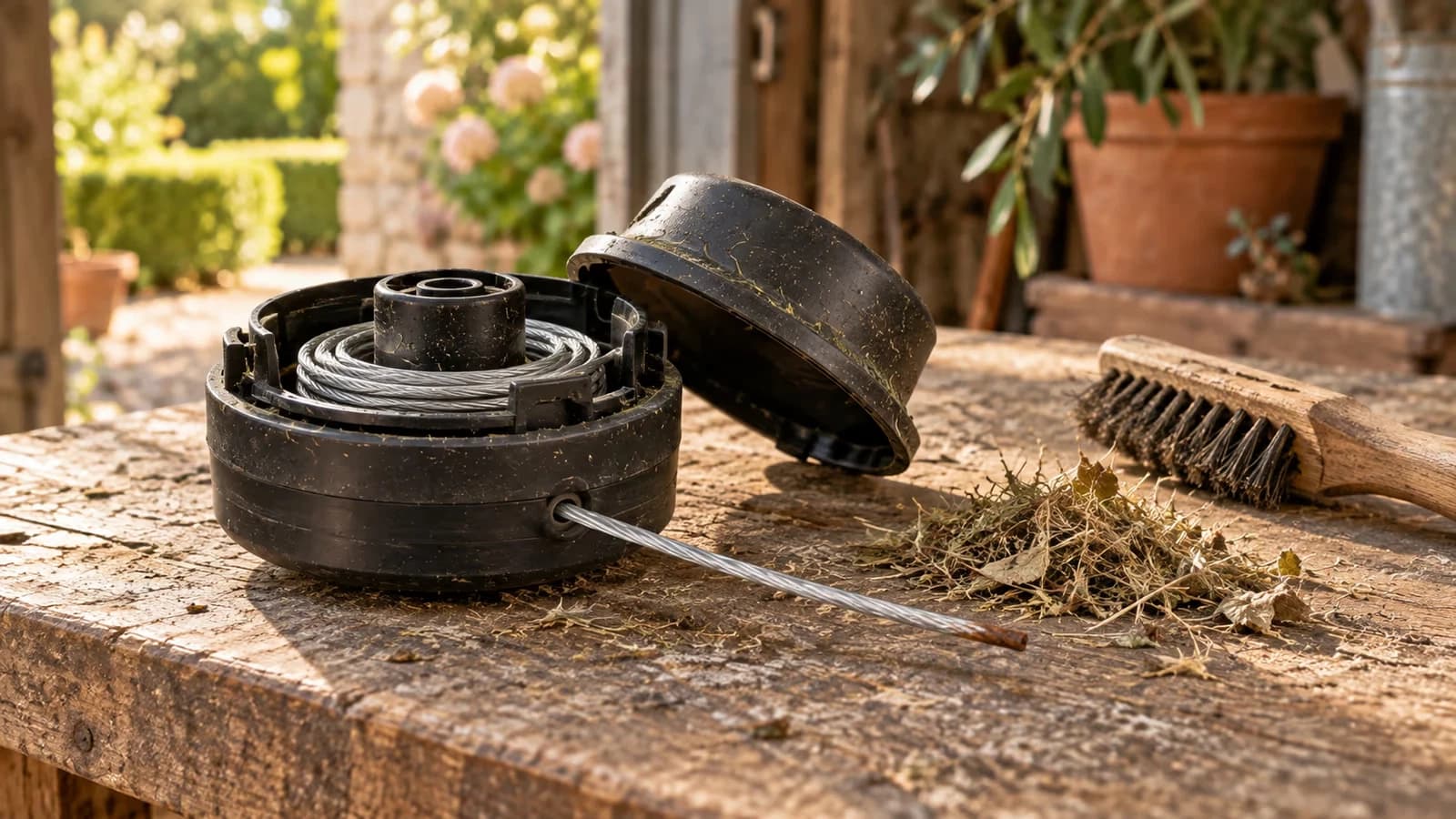 Tête de coupe noire posée sur un établi de jardin, fil d'acier gris enroulé autour du moyeu, brins d'herbe sèche retirés à côté