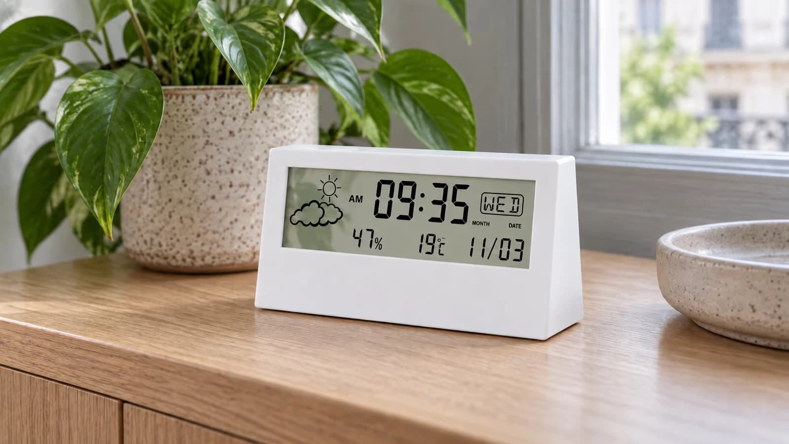 Bandeau translucide posé sur une console en bois devant une fenêtre, heure en grands chiffres, feuillage d'une plante visible à travers l'écran
