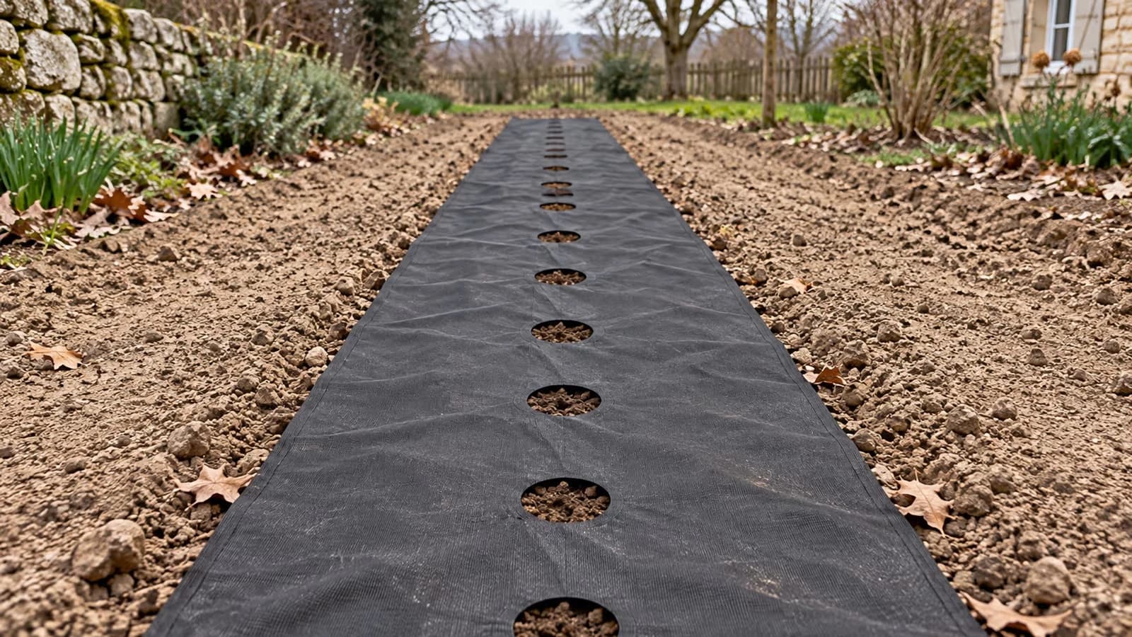 Bande de paillage perforée noire tendue sur un rang de potager, trous alignés au centre et terre claire de part et d'autre